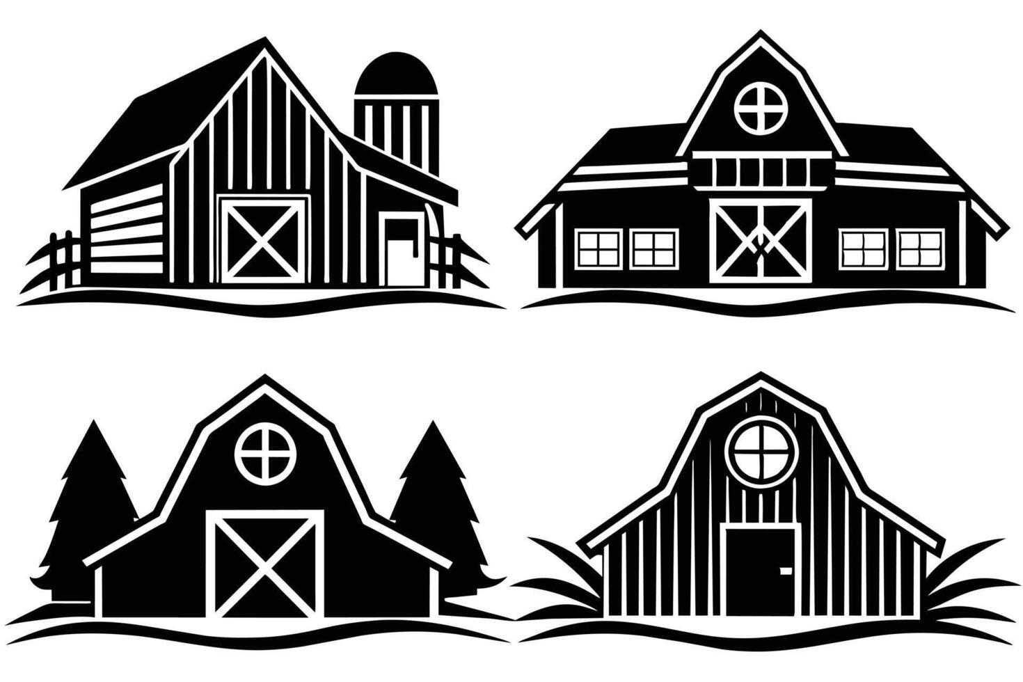 Four Silhouettes of Rustic Farm Barns vector