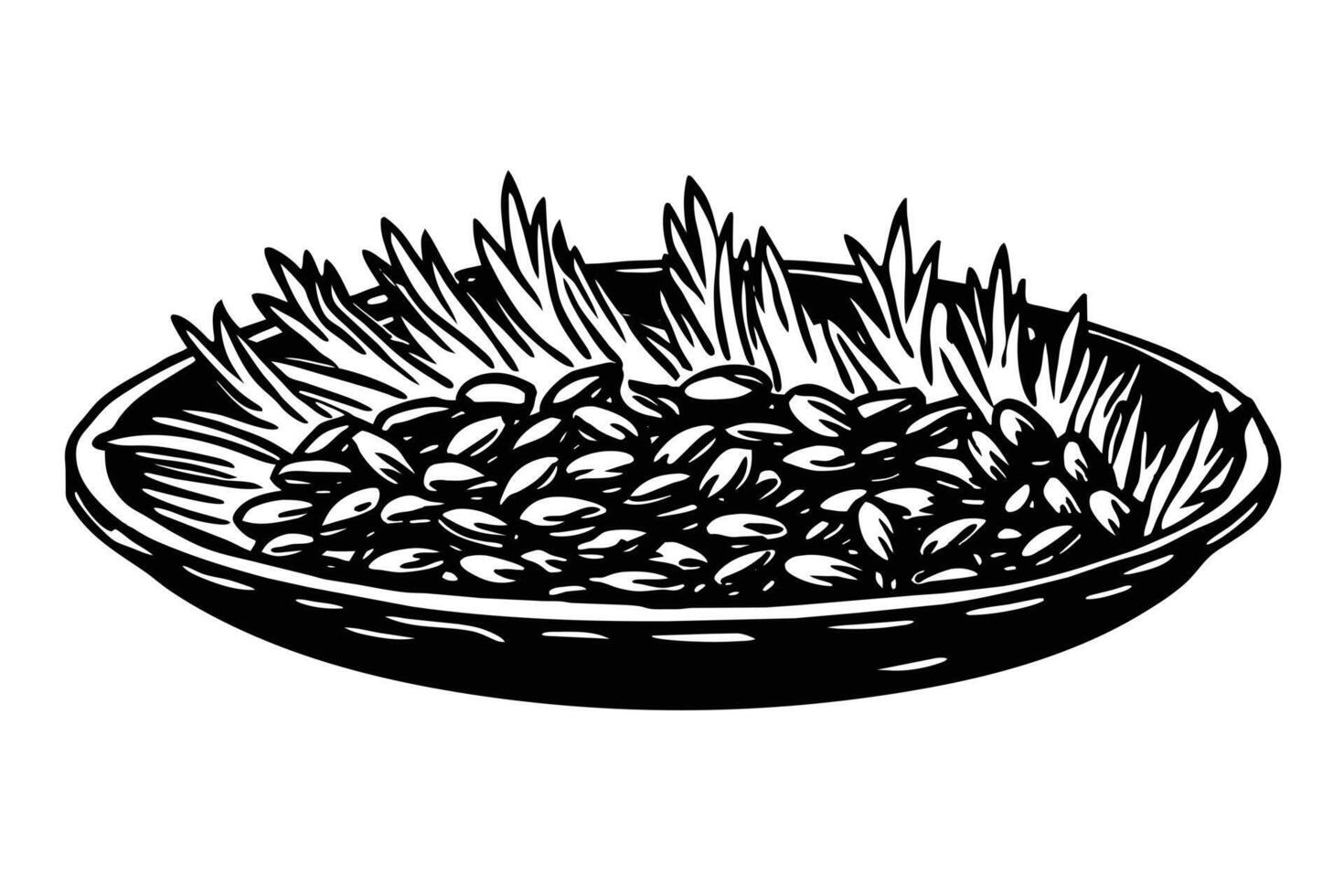 illustration of grains in a shallow dish, surrounded by foliage. vector