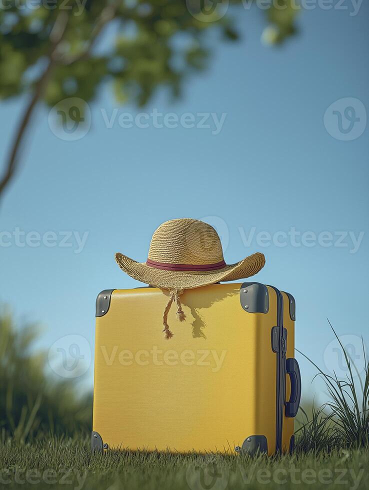 yellow suitcase is placed on the grass, with a blue summer sky and white clouds in the background. The hat sits atop it photo