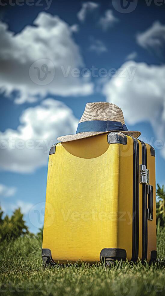 yellow suitcase is placed on the field, with a blue sky and white clouds in the background. The hat sits atop it photo