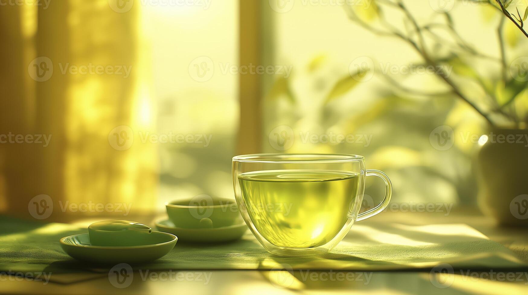 glass cup of green tea for tea time photo