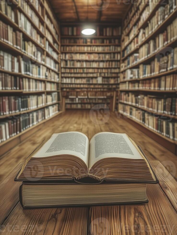 Open book on a book and wooden table in library. Education concept. 3D Rendering photo