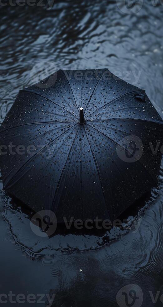 an umbrella with dark blue and black in the water photo