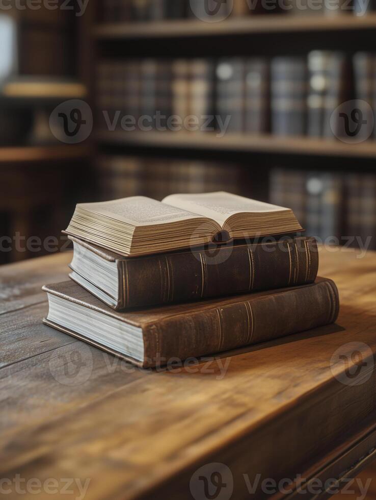 Old books on a wooden table in a library. Selective focus. photo