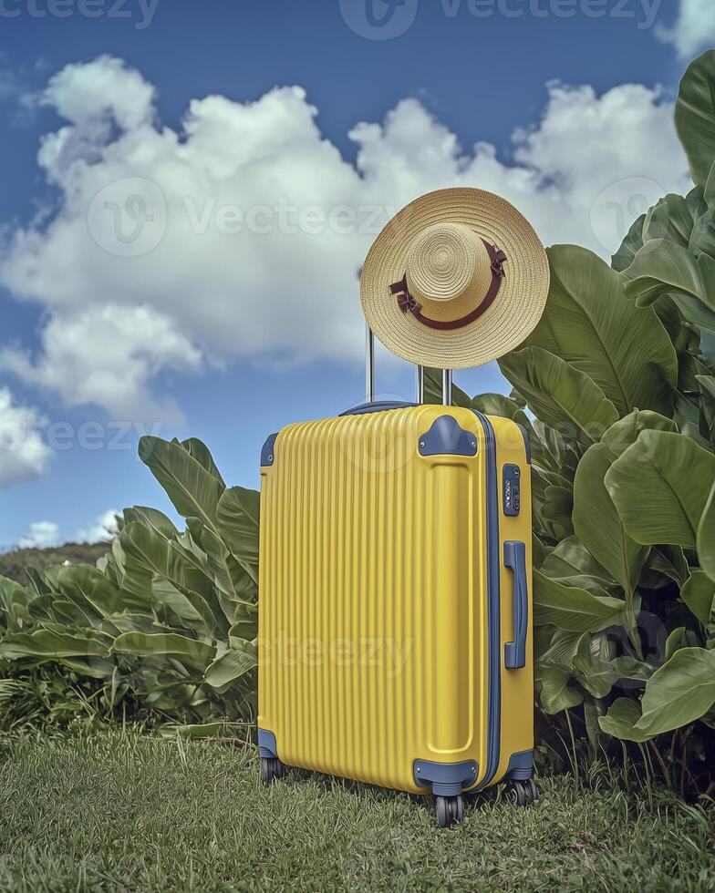 yellow suitcase is placed on the grass, with a blue sky and white clouds in the background. photo