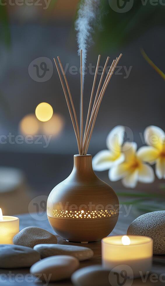 Aromatic reed diffuser and burning candles on table in spa salon photo