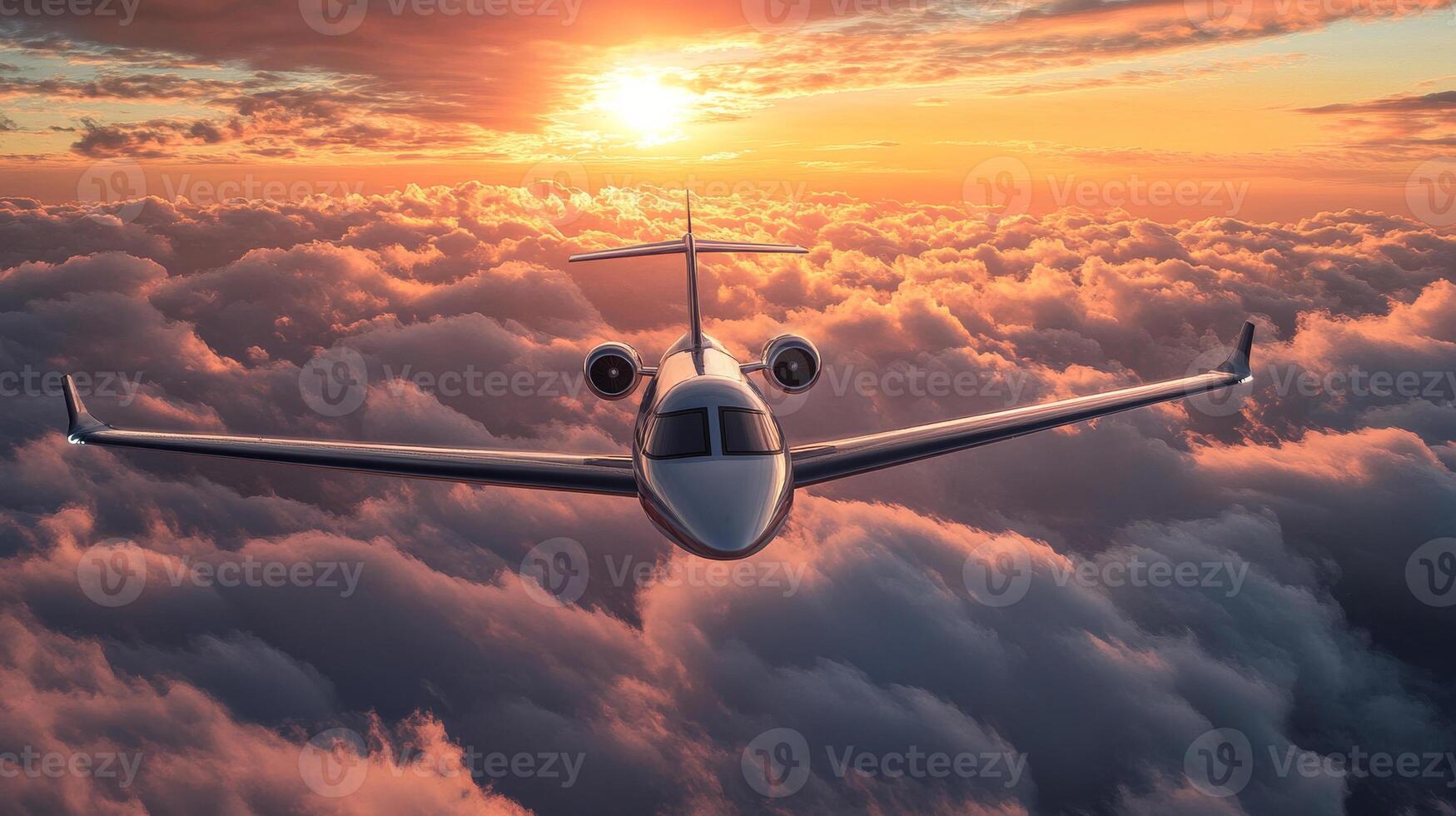 Private jet soaring above clouds during sunset, atmospheric flight scene. Luxury travel and aviation concept photo