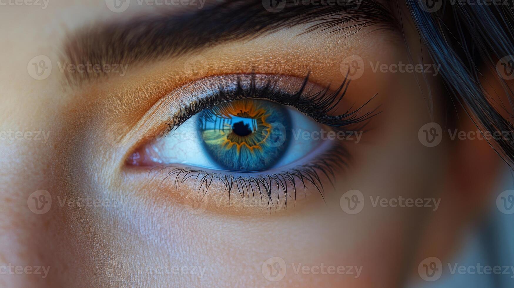 Close-up of a vibrant blue eye with colorful iris reflecting light photo
