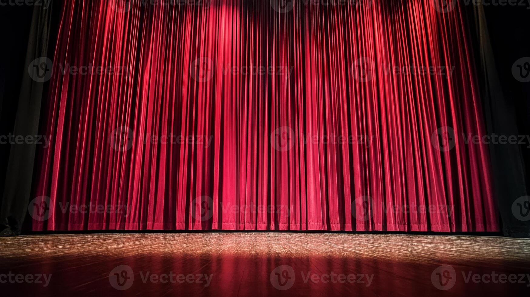 Red theater curtains closed on stage with wooden floor, dramatic ambiance. Performing arts and theater concept photo