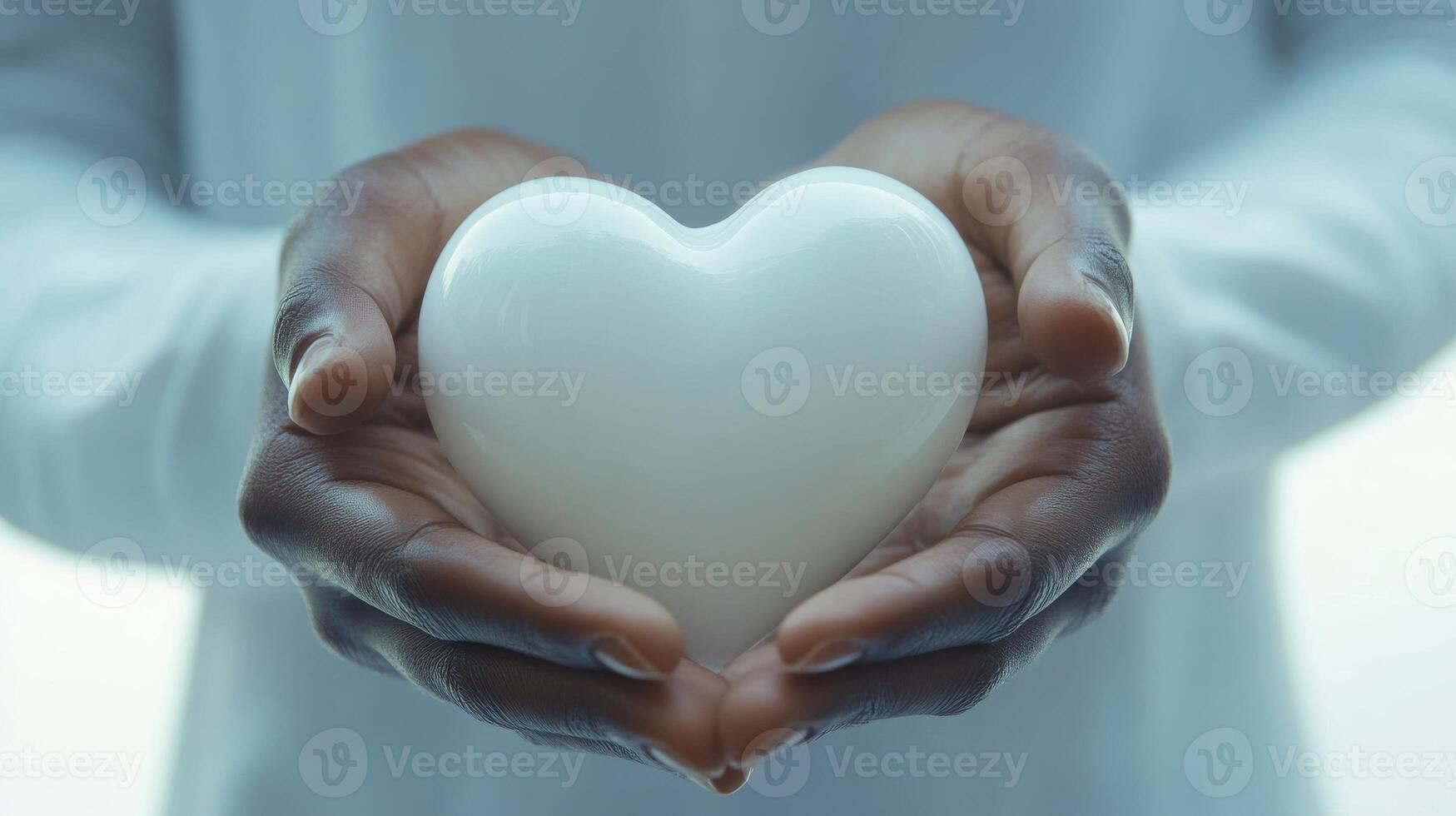 Hands holding a white heart-shaped object, symbol of care and love. Emotional and peaceful concept photo