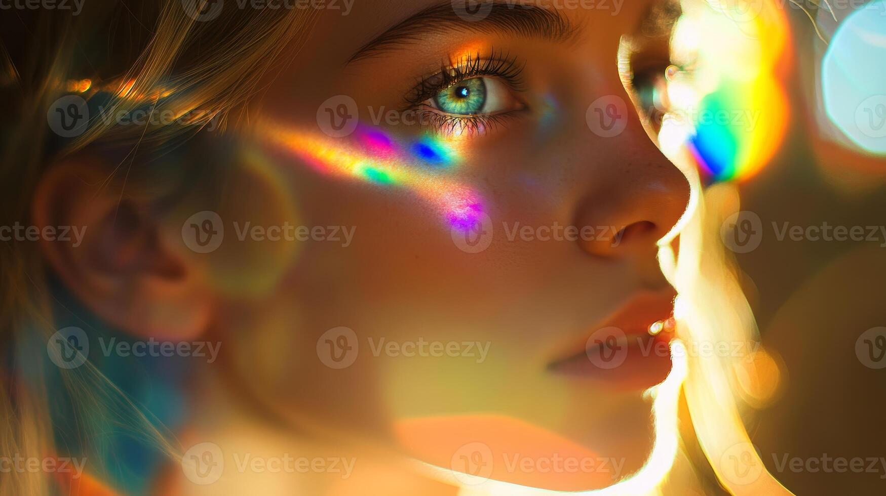 Close-up of woman's face with rainbow light reflections and soft bokeh. Ethereal beauty and light concept photo