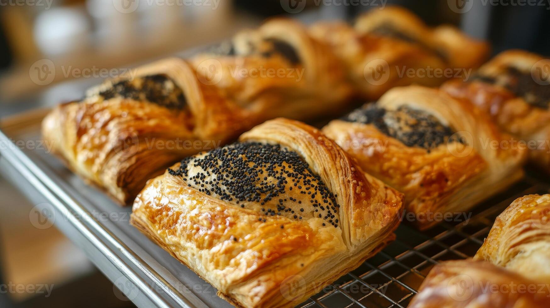 Freshly baked croissants on a cooling rack in a bakery, close-up view. Culinary art and artisanal baking concept photo