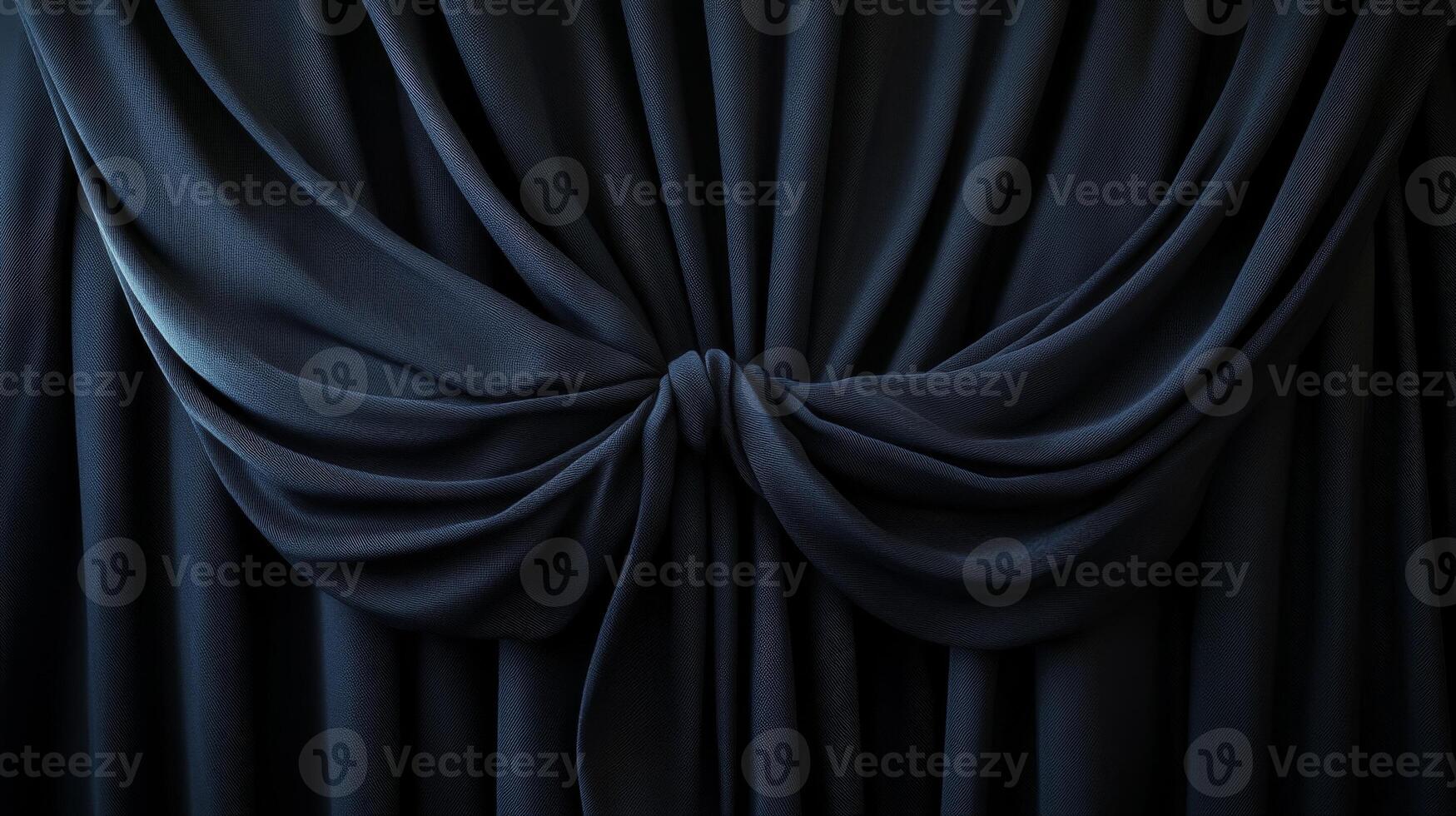 Elegant dark blue curtain with artistic draping, fabric texture concept photo