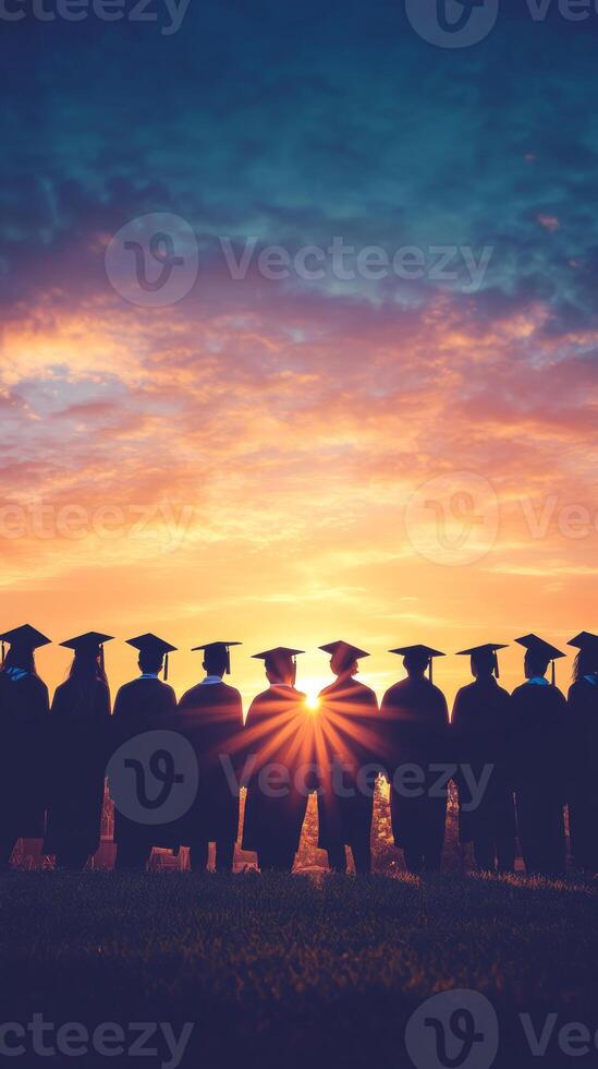 Graduates in caps and gowns standing at sunrise, silhouette view. Education and achievement concept photo