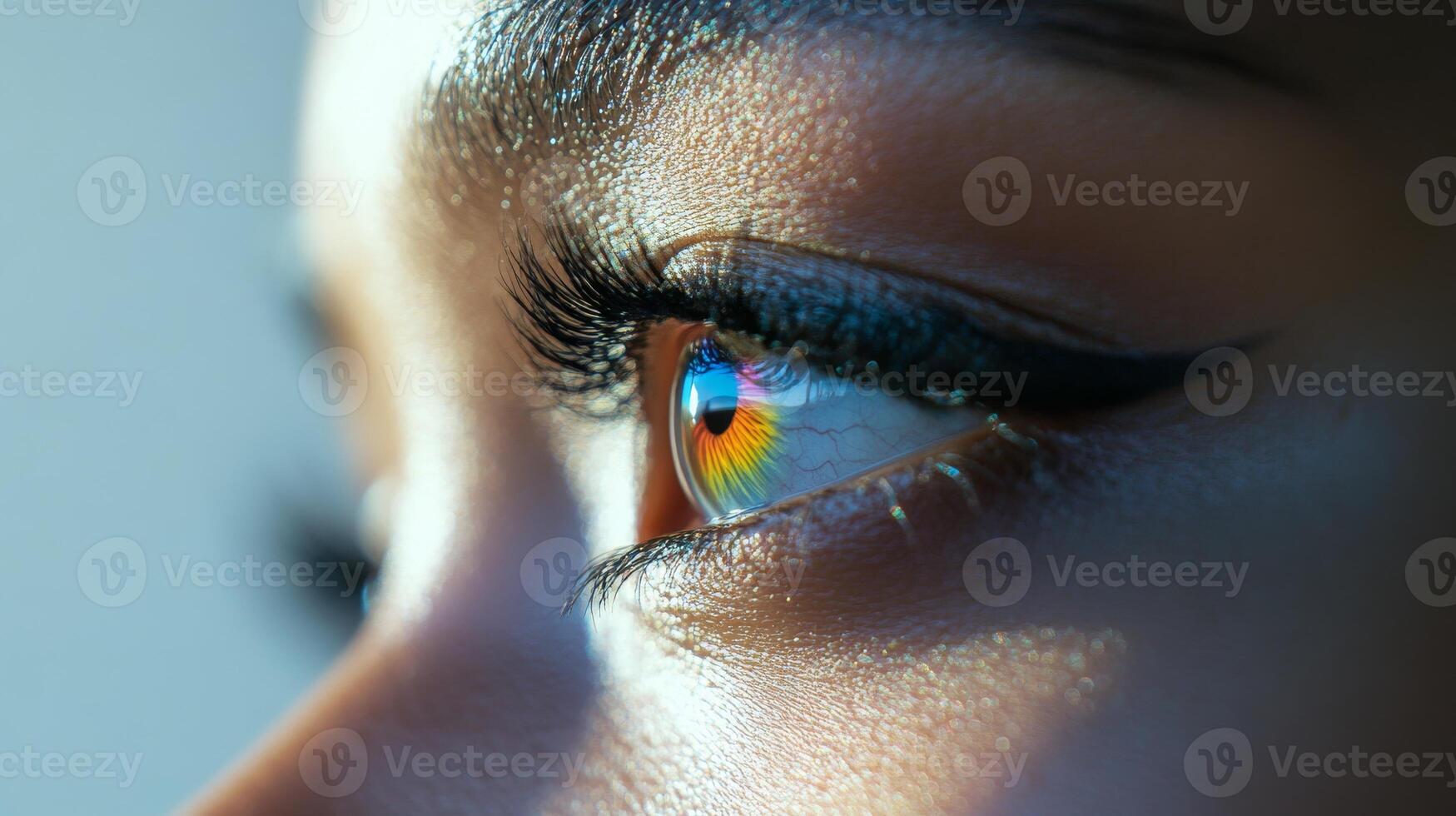 Close-up of human eye with colorful reflection, vibrant colors. Vision and perception concept photo