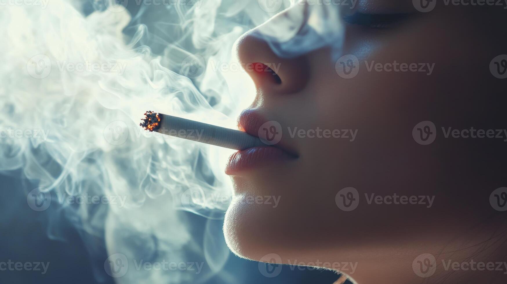 Close-up of a woman smoking a cigarette with smoke swirling around, atmospheric lighting. Health and lifestyle concept photo