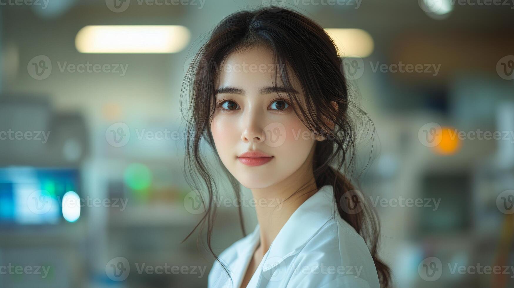 Female doctor in hospital corridor with thoughtful expression, serene healthcare and professionalism photo