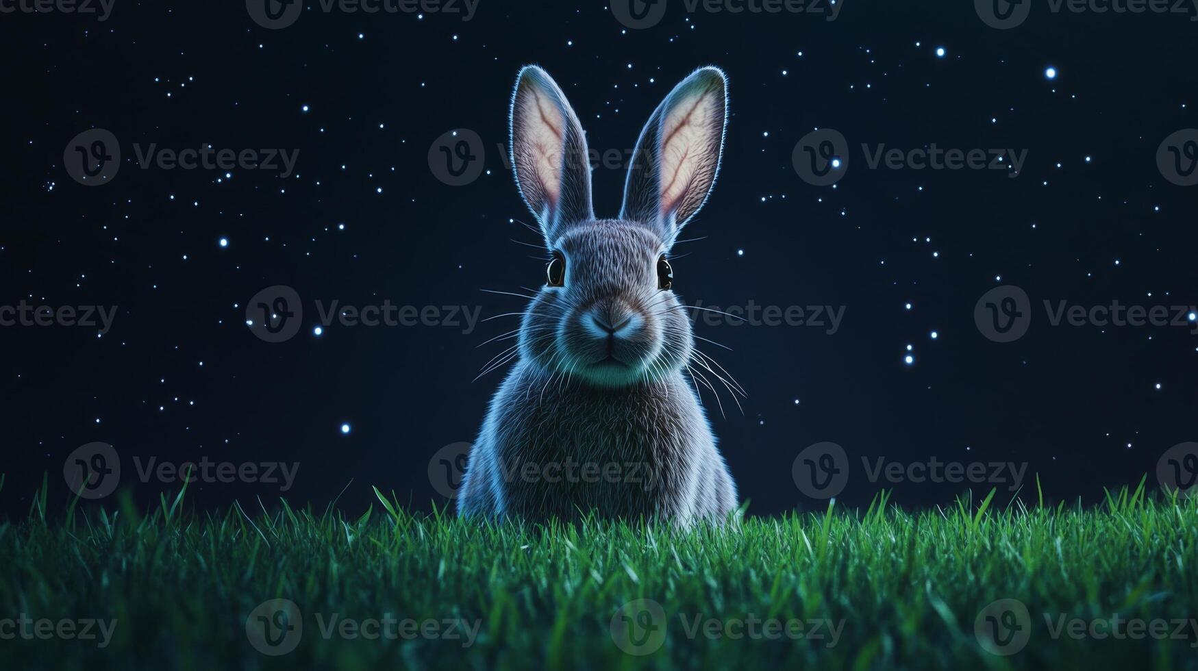 Rabbit in a grassy field at night under a starry sky, magical wildlife and tranquility concept photo