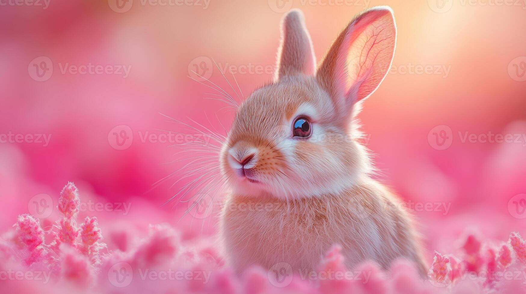 Adorable bunny in a pink floral meadow at sunrise, peaceful and serene scene. Nature and wildlife concept photo