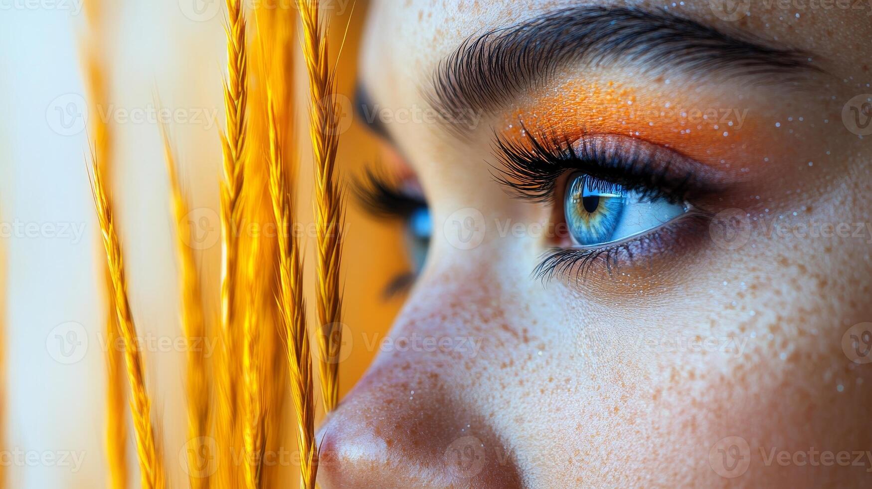 Close-up of woman's eye with orange makeup and blue iris, macro beauty. Artistic expression and vibrant color concept photo