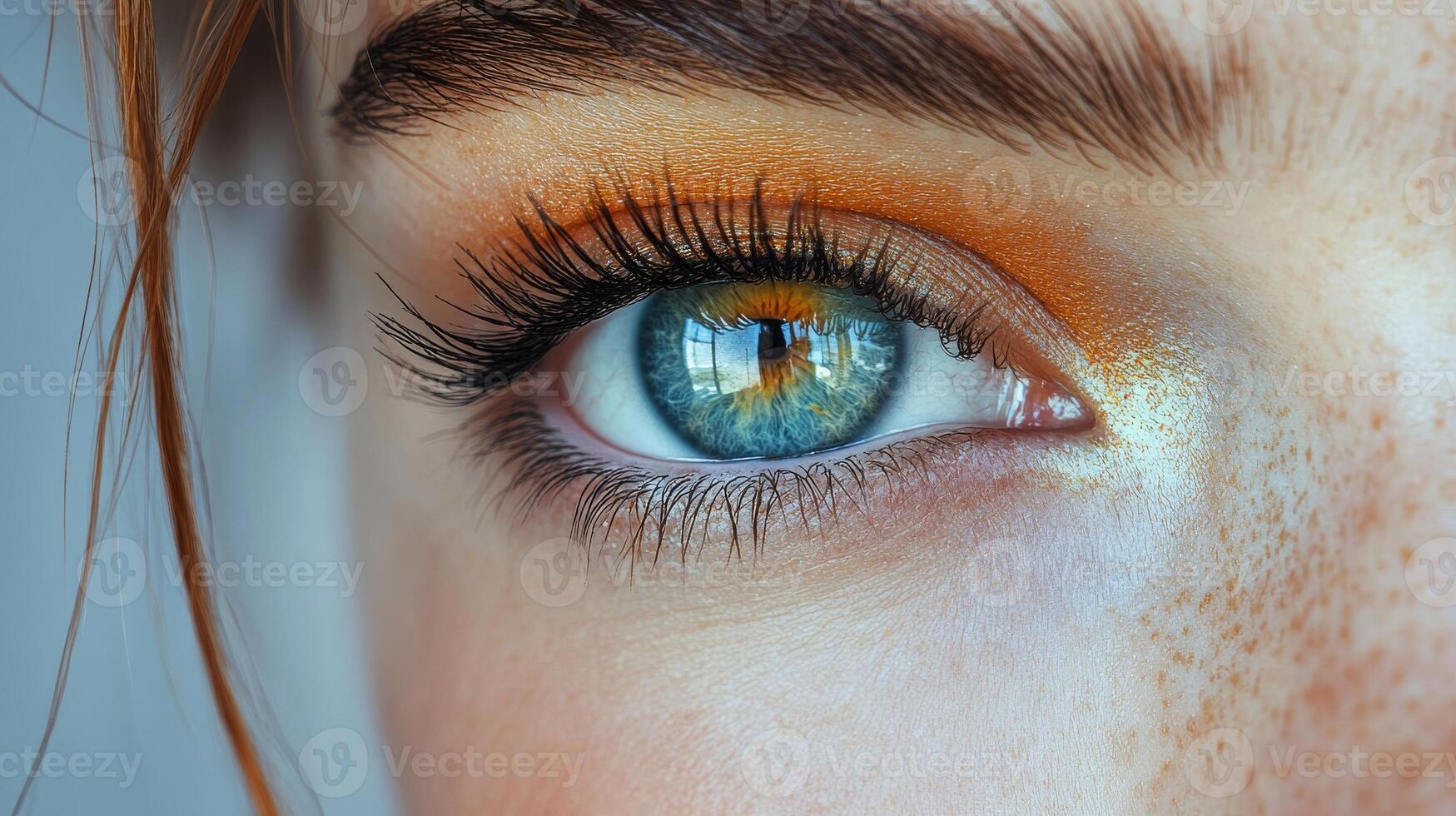 Closeup of a blue eye with orange makeup, reflection in iris. Beauty and fashion concept photo