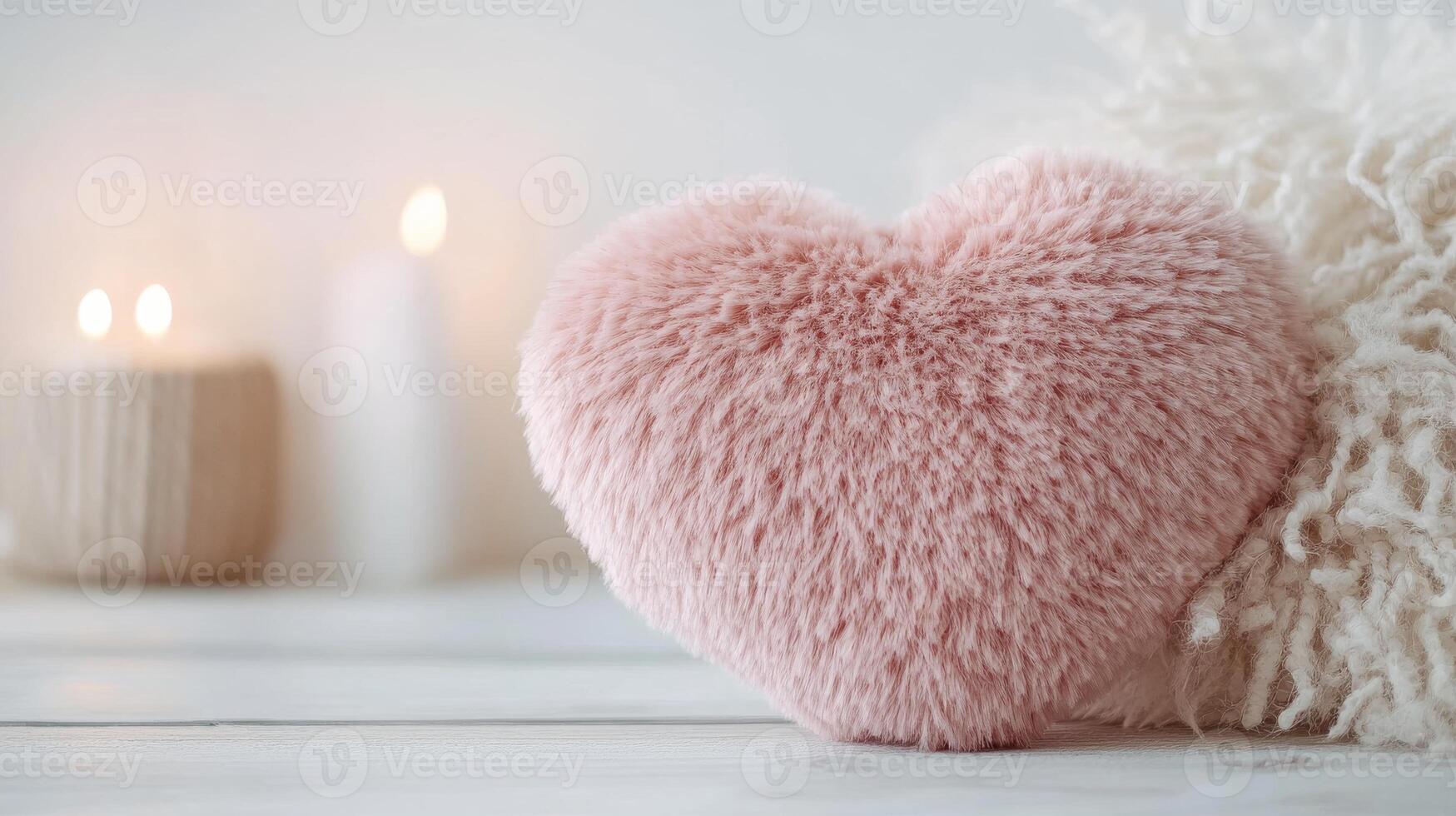 Pink heart-shaped fluffy pillow with cozy candles, romantic and serene home decor concept photo