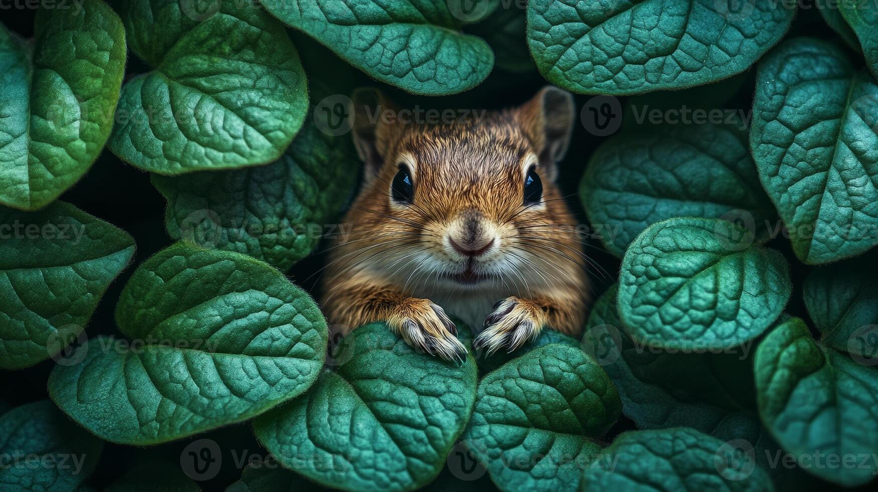 Chipmunk nestled among green leaves, close-up view. Nature and wildlife photography concept photo