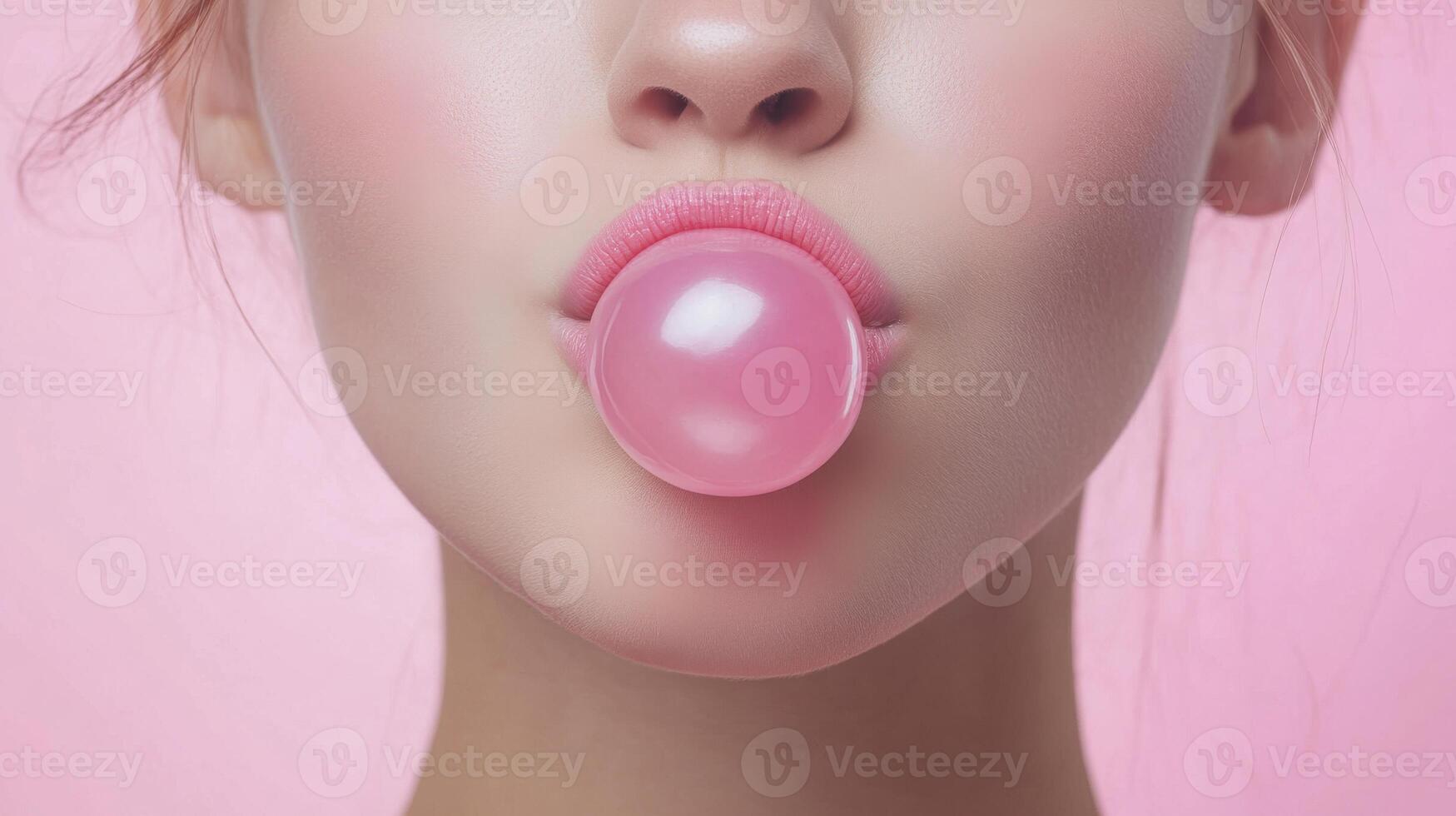 Close-up of a woman blowing a pink bubblegum bubble on a pastel background, playful and youthful concept photo