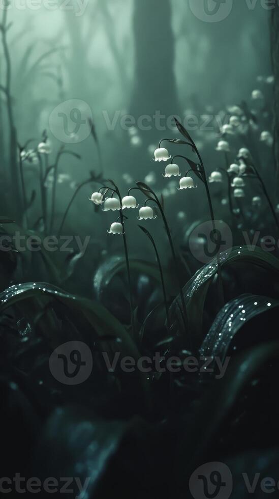 Lily of the valley flowers in a misty forest with dewdrops, ethereal and serene nature concept photo