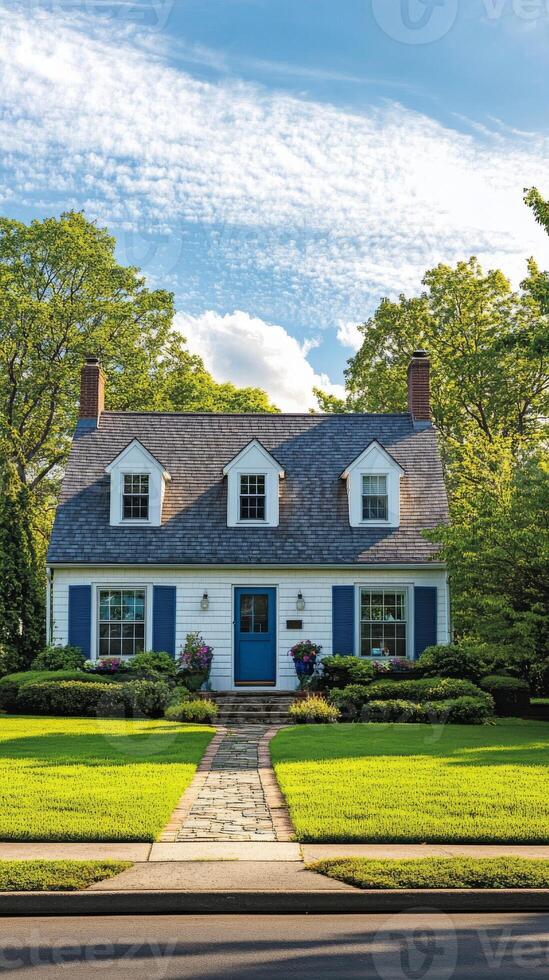 Charming suburban house with blue accents under blue skies, residential architecture and tranquility concept photo