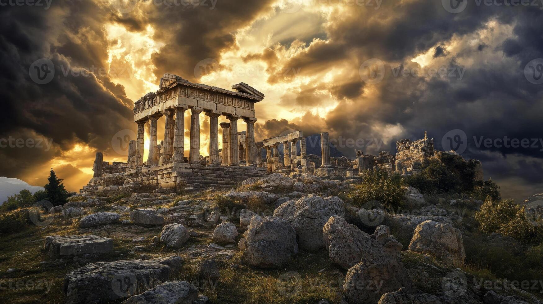 Ancient Greek temple ruins at sunset with dramatic clouds, historical architecture and dramatic landscape concept photo