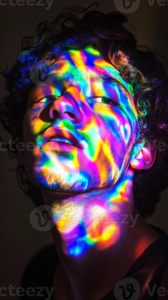 Portrait of a person with vivid rainbow light patterns on face, dark background. expressive art and photography concept photo