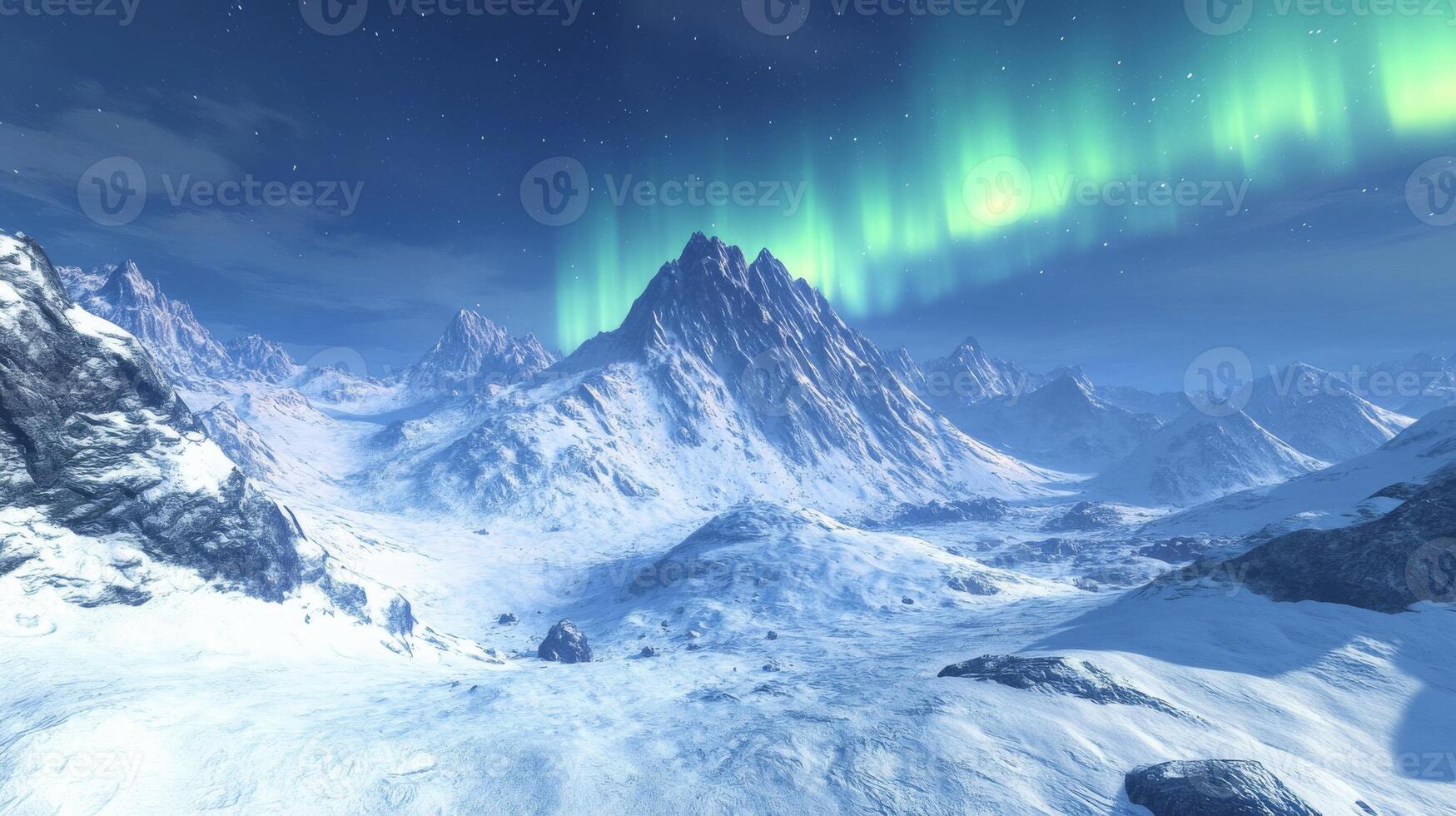 Aurora over snowy mountain landscape, serene winter night. Natural phenomenon and tranquil scenery concept photo