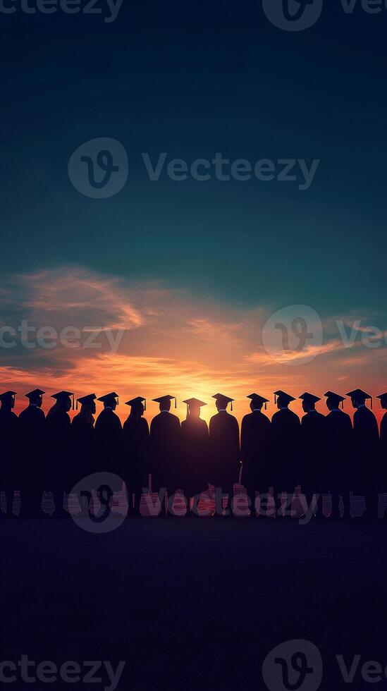 Graduates in caps and gowns at sunset, celebration of achievement, education inspiration concept photo