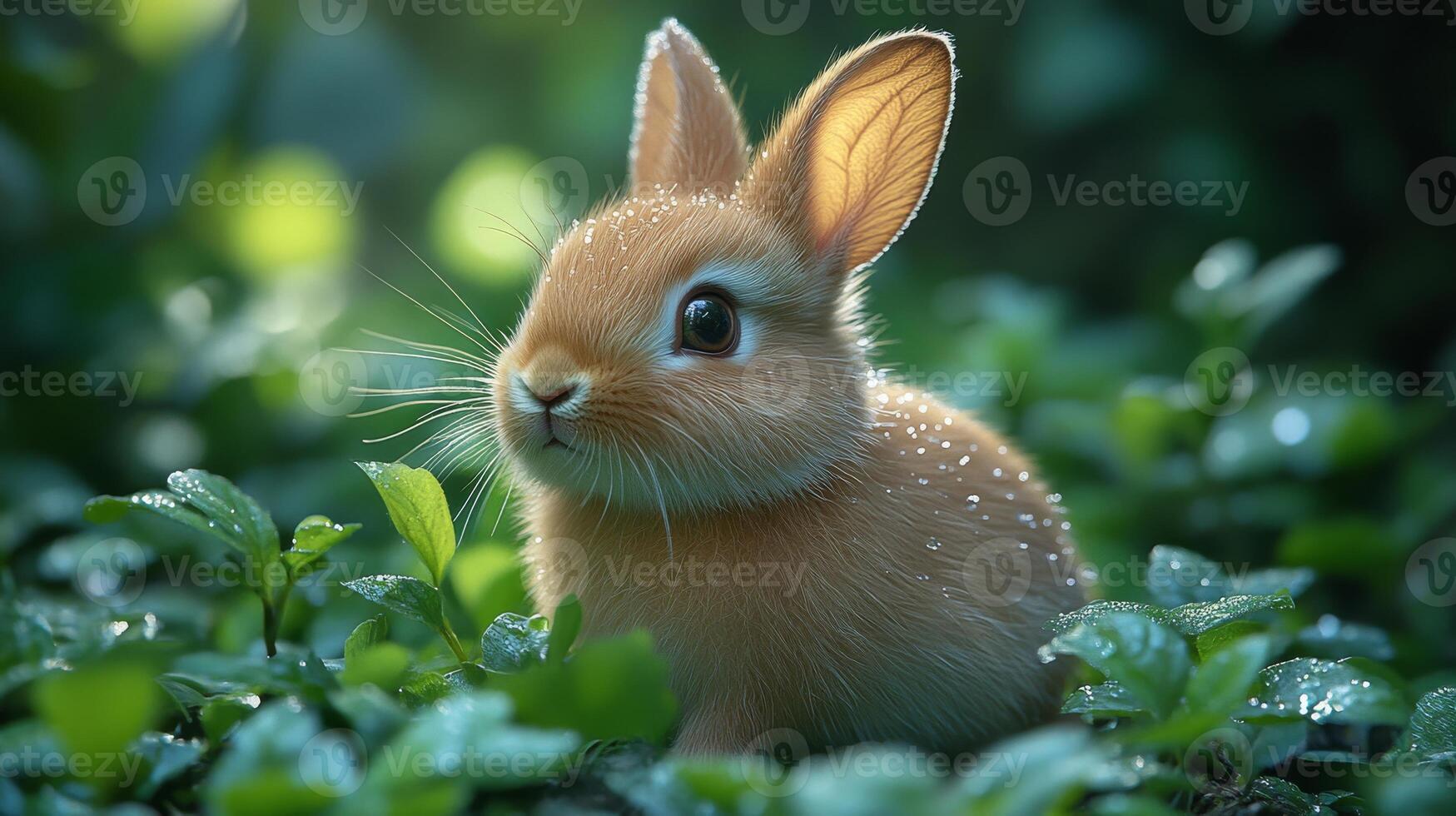 Adorable baby rabbit with dewdrops in lush greenery, serene nature scene. Wildlife and tranquility concept photo