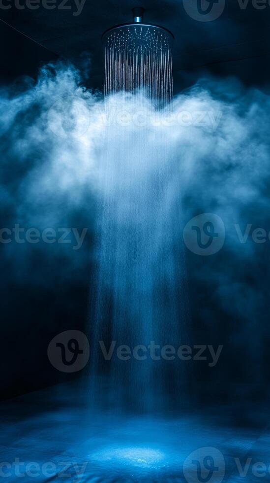 Showerhead with cascading water and steam in a dimly lit bathroom, serene ambiance and relaxation concept photo