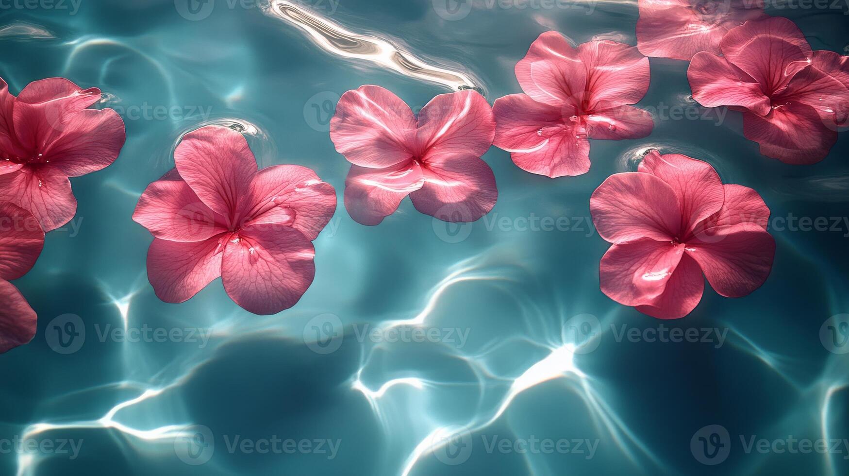 Pink hibiscus flowers floating on clear blue water with sunlight reflections photo