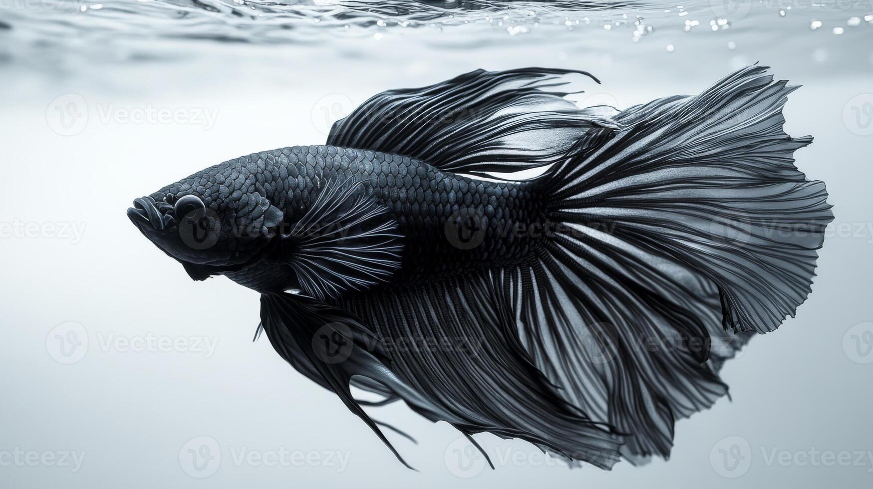 Black betta fish with flowing fins in clear water, underwater elegance. Exotic pet and aquatic beauty concept photo