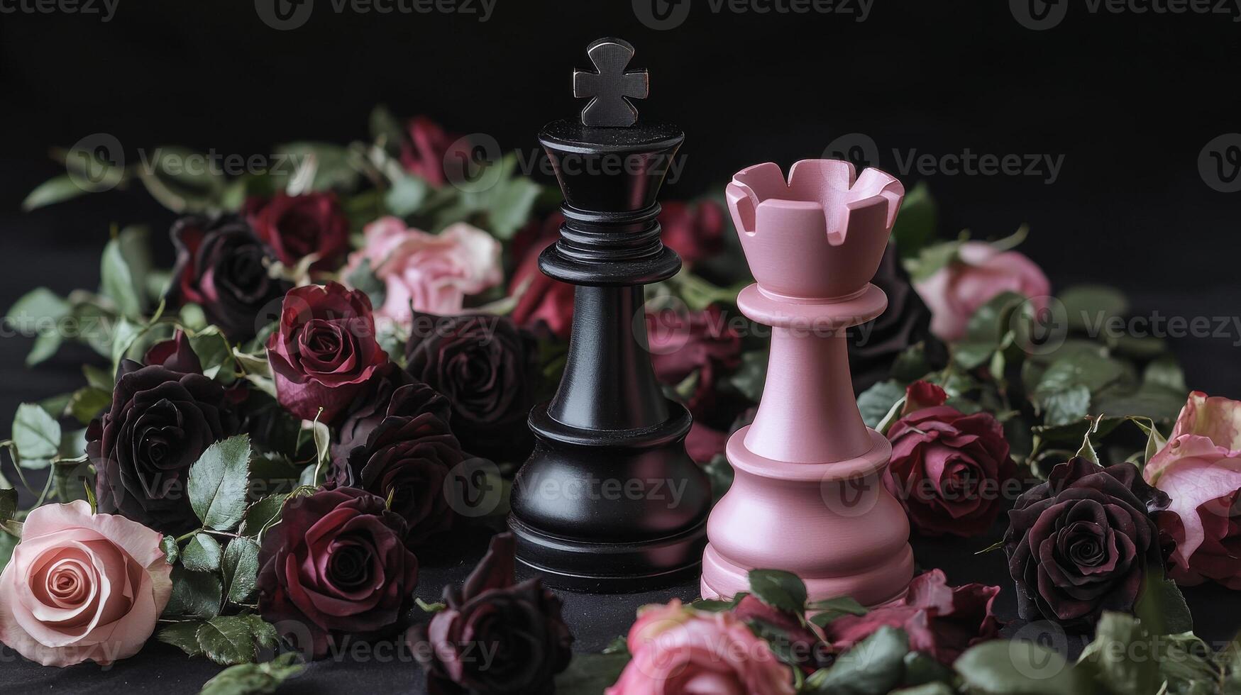 Black king and pink rook chess pieces surrounded by dark and light roses, romantic setting. communication and strategy concept photo