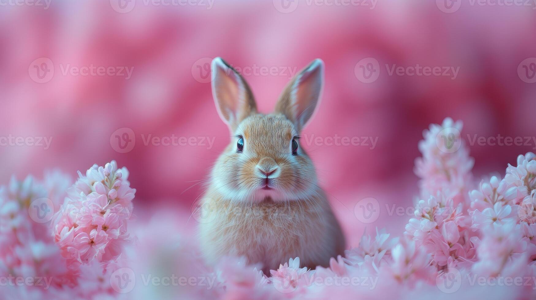 Cute bunny surrounded by pink flowers, tranquil springtime scene. Nature and wildlife concept photo