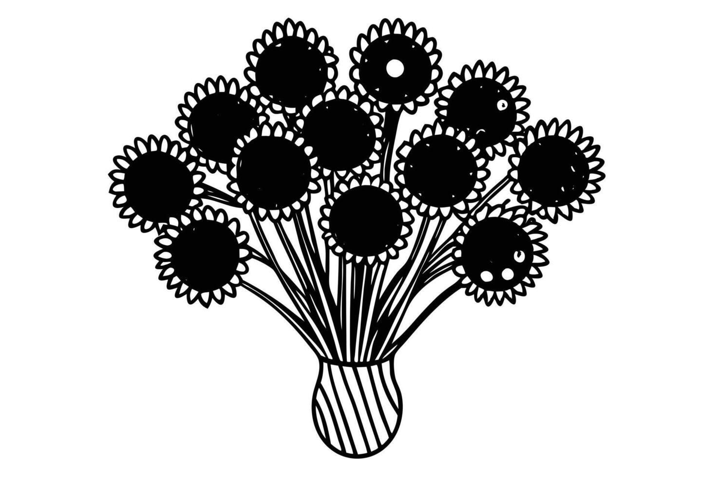 A Black and white bouquet of sunflowers in a vase. vector