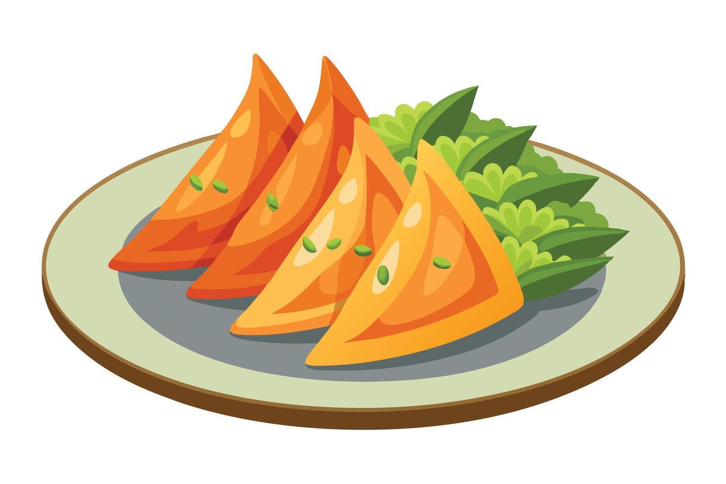 Delicious samosas on a plate with chutney illustration vector