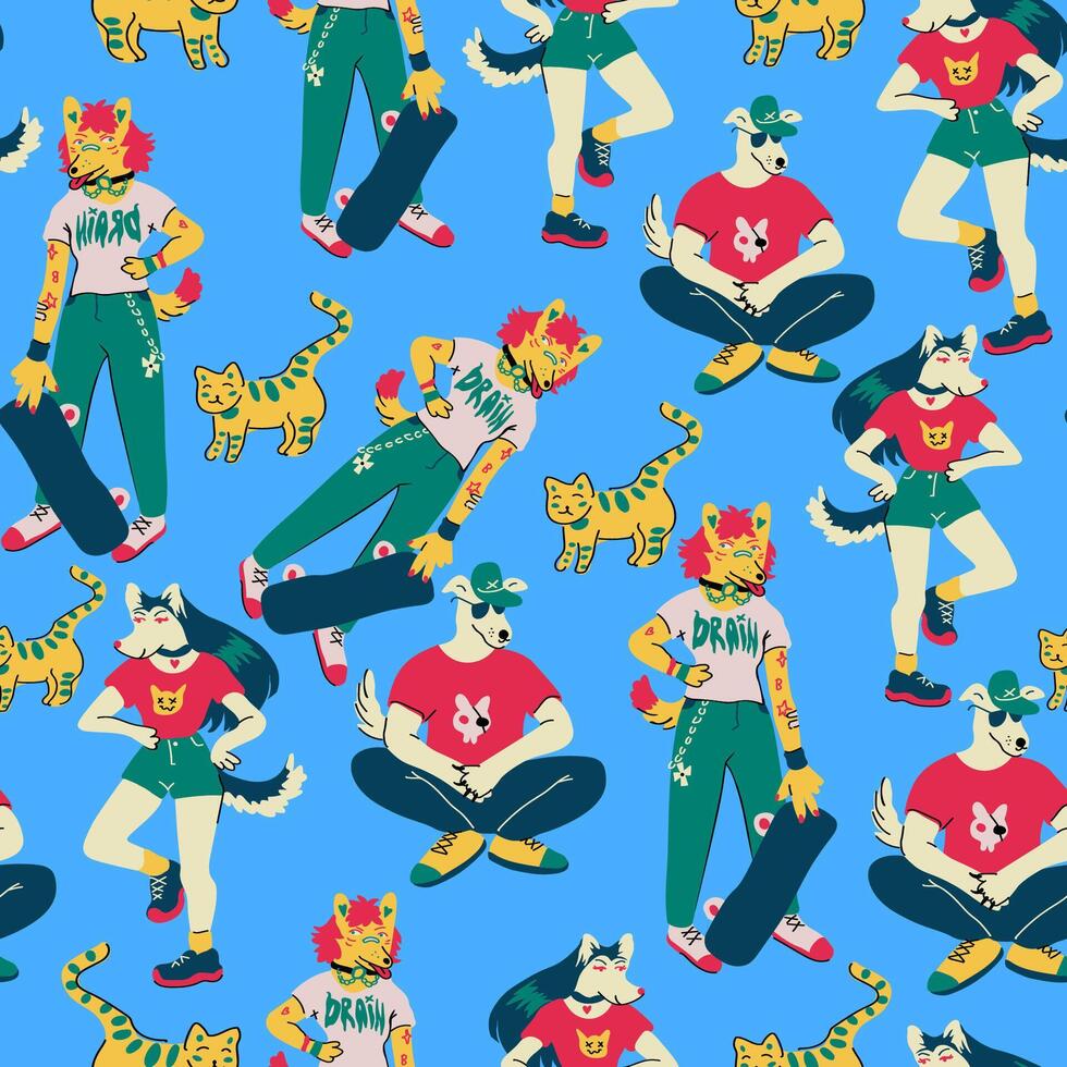seamless pattern with dog skater and cat vector