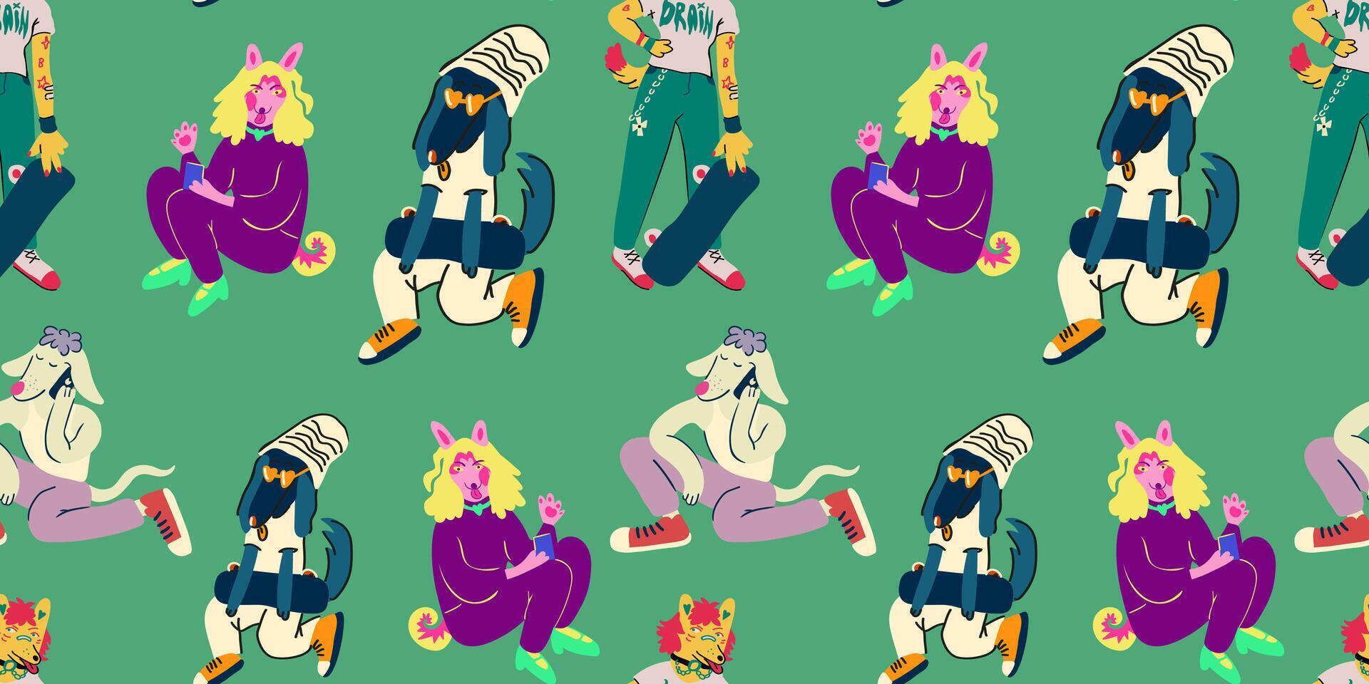 seamless pattern with dogs with skate on green vector