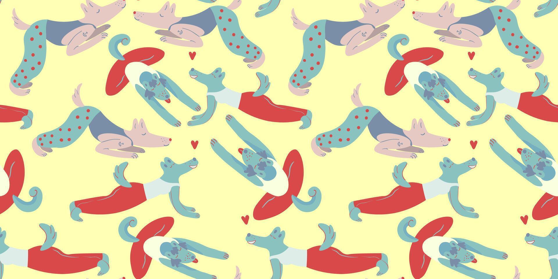 seamless pattern with dog as people do yoga on yellow background vector
