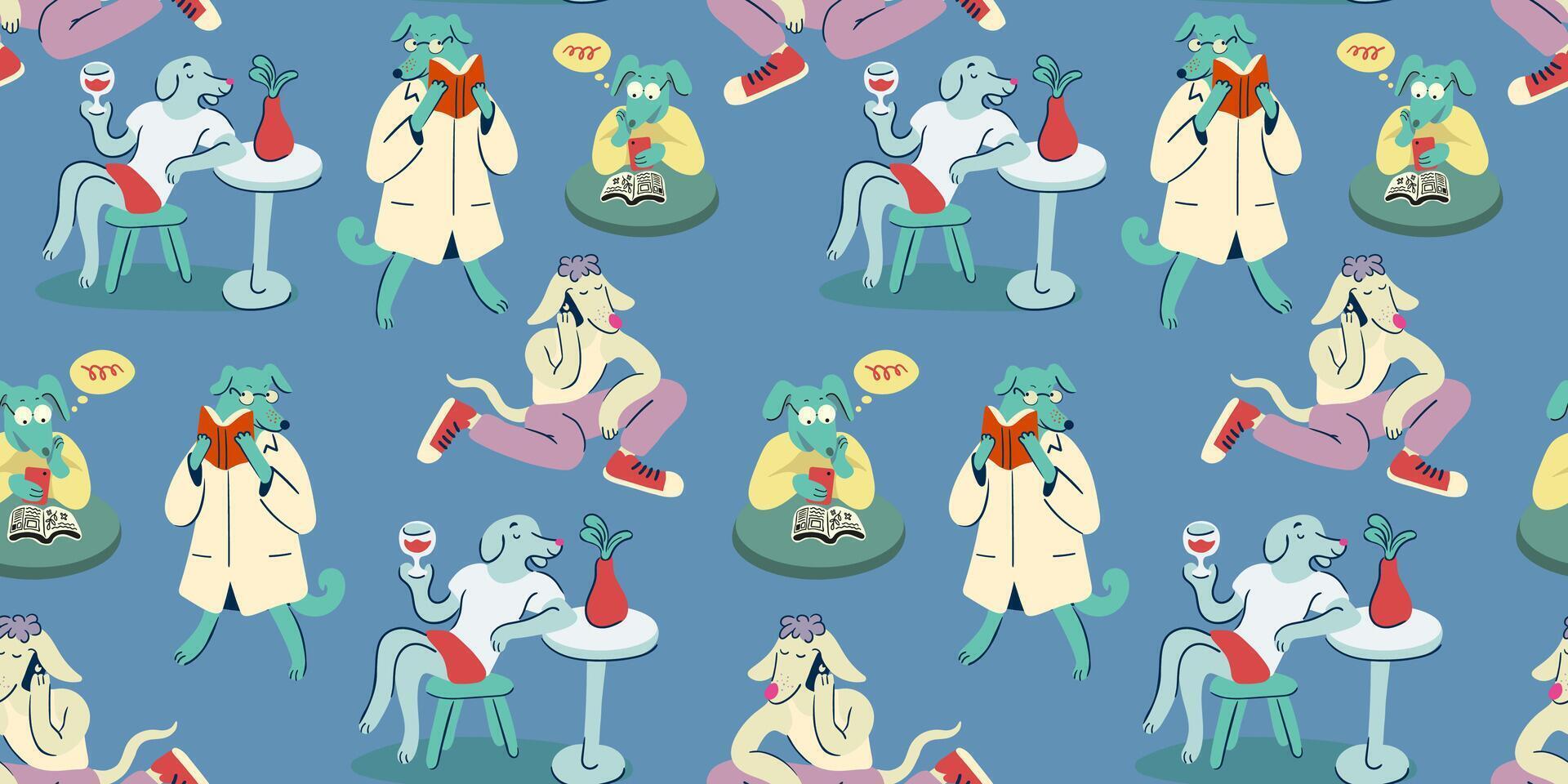 seamless pattern with dogs in different situations vector