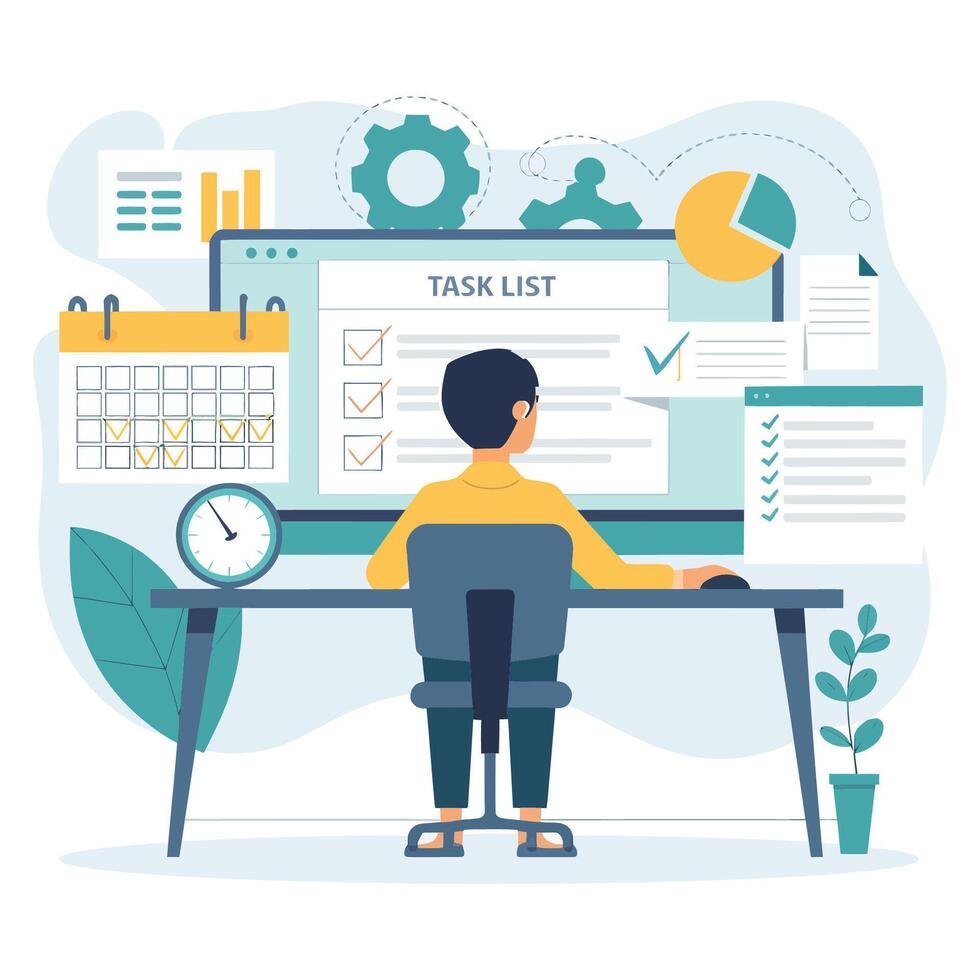 Person working on a task list on a computer, surrounded by organizational tools. vector