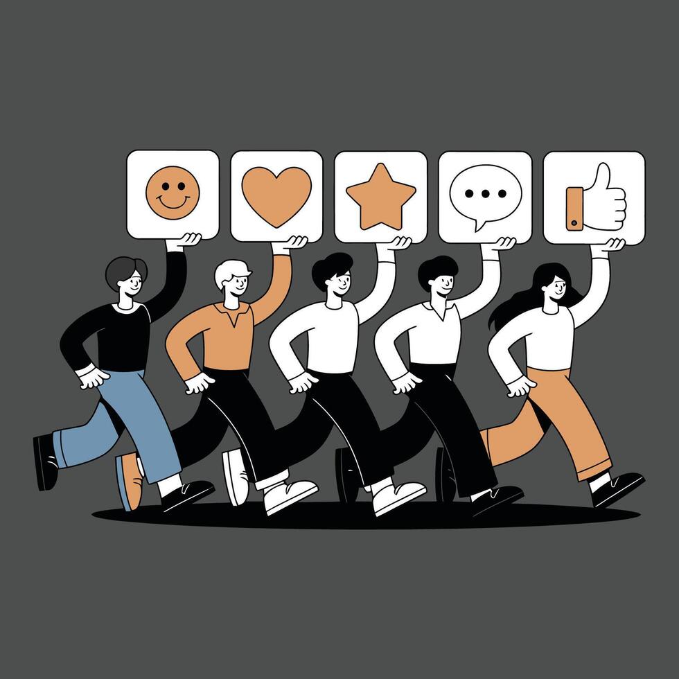 Diverse group walking while holding positive feedback icons vector