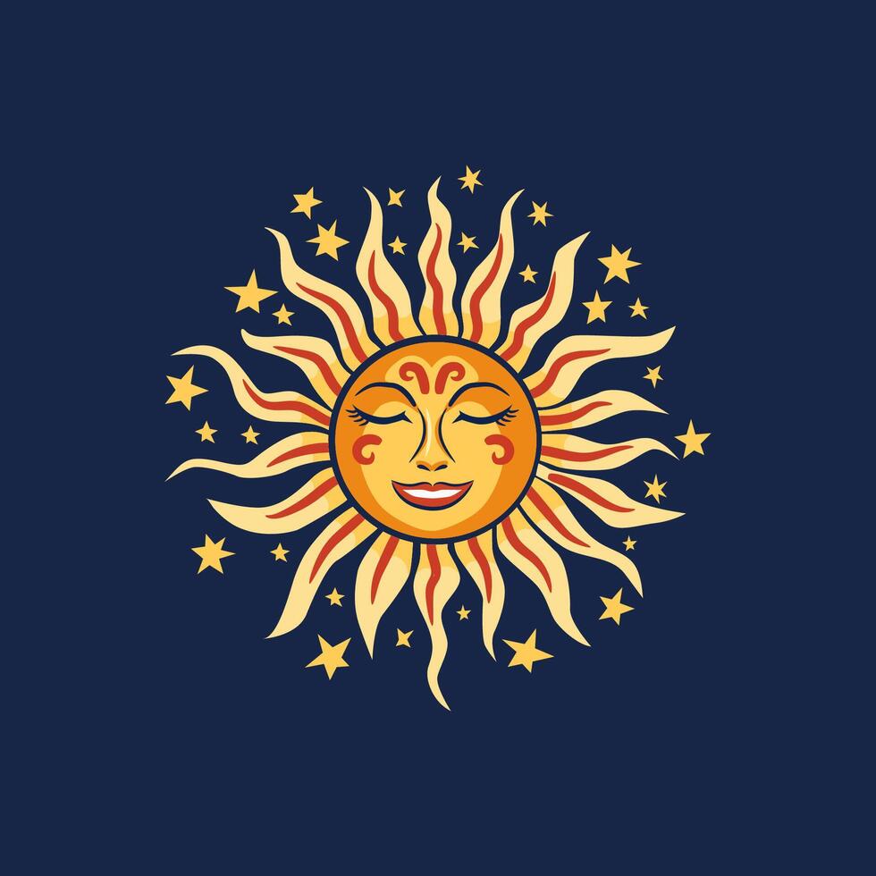 Slavic sun with face on blue background. Sun and stars. Maslenitsa Russian holiday logo. Shrovetide Folklore art. vector