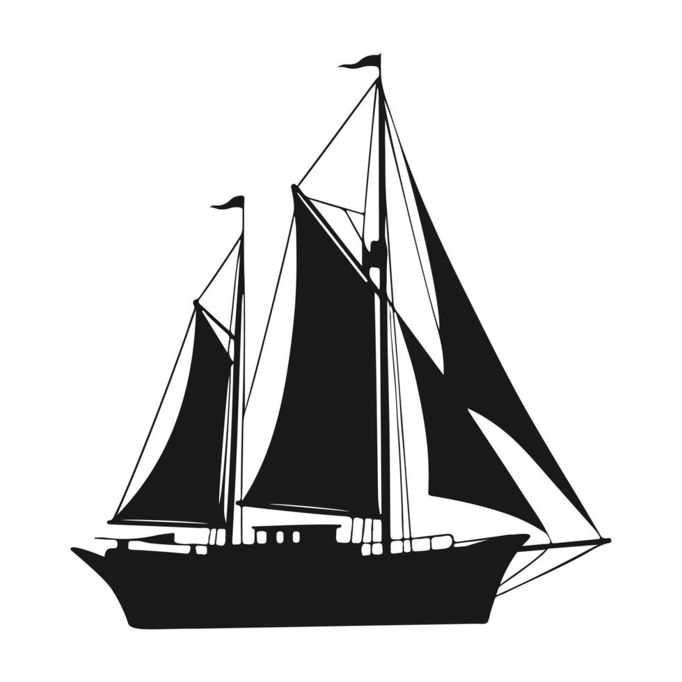 A classic vintage ship silhouette, featuring tall masts and billowing sails, set against a white background, symbolizing adventure and timeless maritime elegance. vector